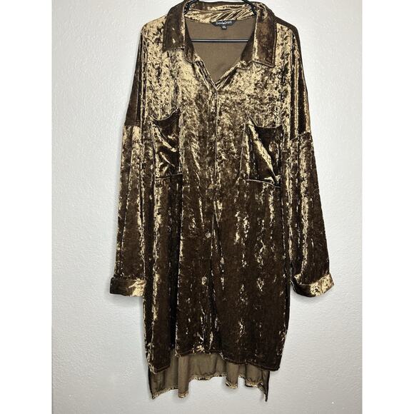DAVI & DANI Dresses & Skirts - Davi & Dani Brown Crushed Velvet Button Up Tunic Shirt Dress Holidays Party 1XL